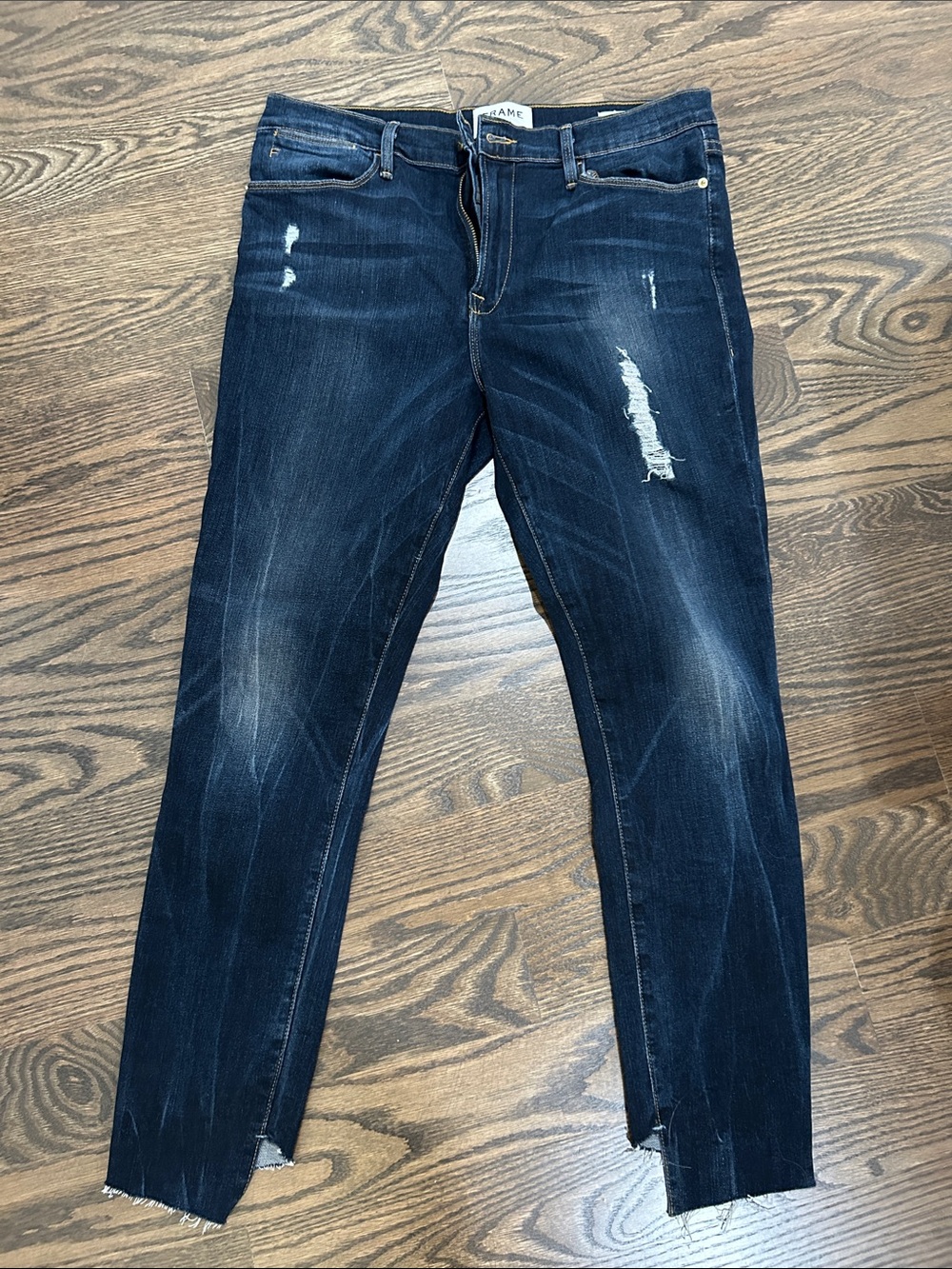 Frame Denim Dark Wash Distressed Skinny Jeans